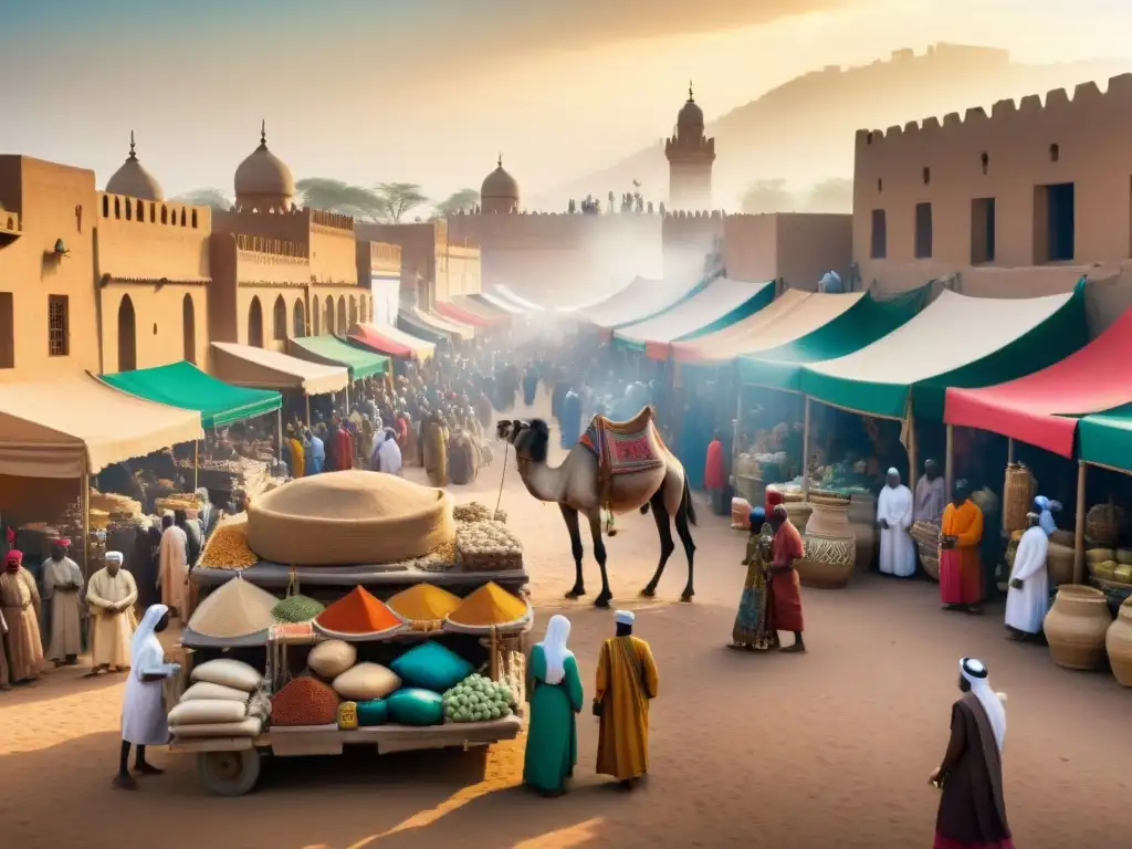 Vibrante escena de mercado en ciudad africana precolonial, con influencia árabe en economía y comercio africano