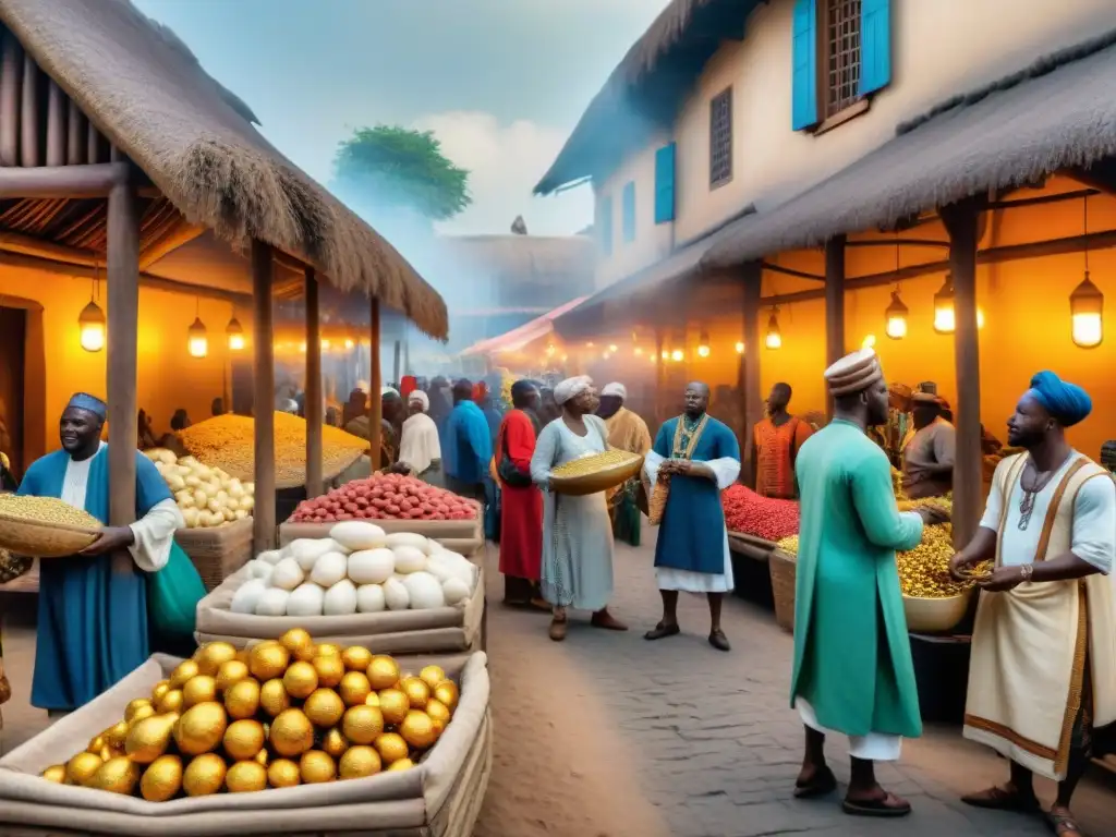 Vibrante escena de mercado en una ciudad africana durante el Renacimiento, mostrando un intercambio comercial entre figuras clave