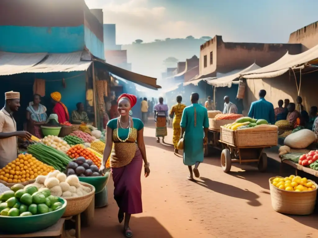 Una vibrante escena de mercado en una ciudad africana, con detalles y vida cotidiana