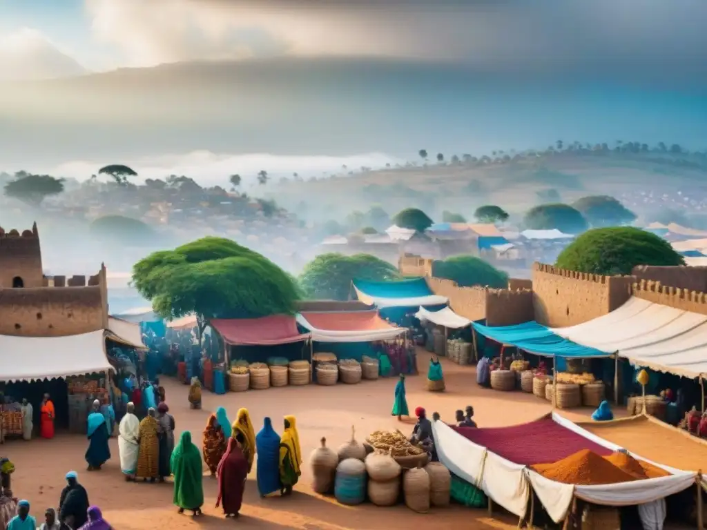 Vibrante escena de mercado en Harar, Etiopía, resaltando intercambio cultural en Rutas comercio cultura África oriental