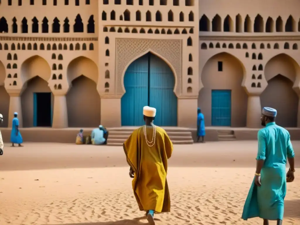 Vibrante escena del mercado en la Gran Mezquita de Djenné en Mali, reflejando la rica herencia cultural y arquitectónica del país