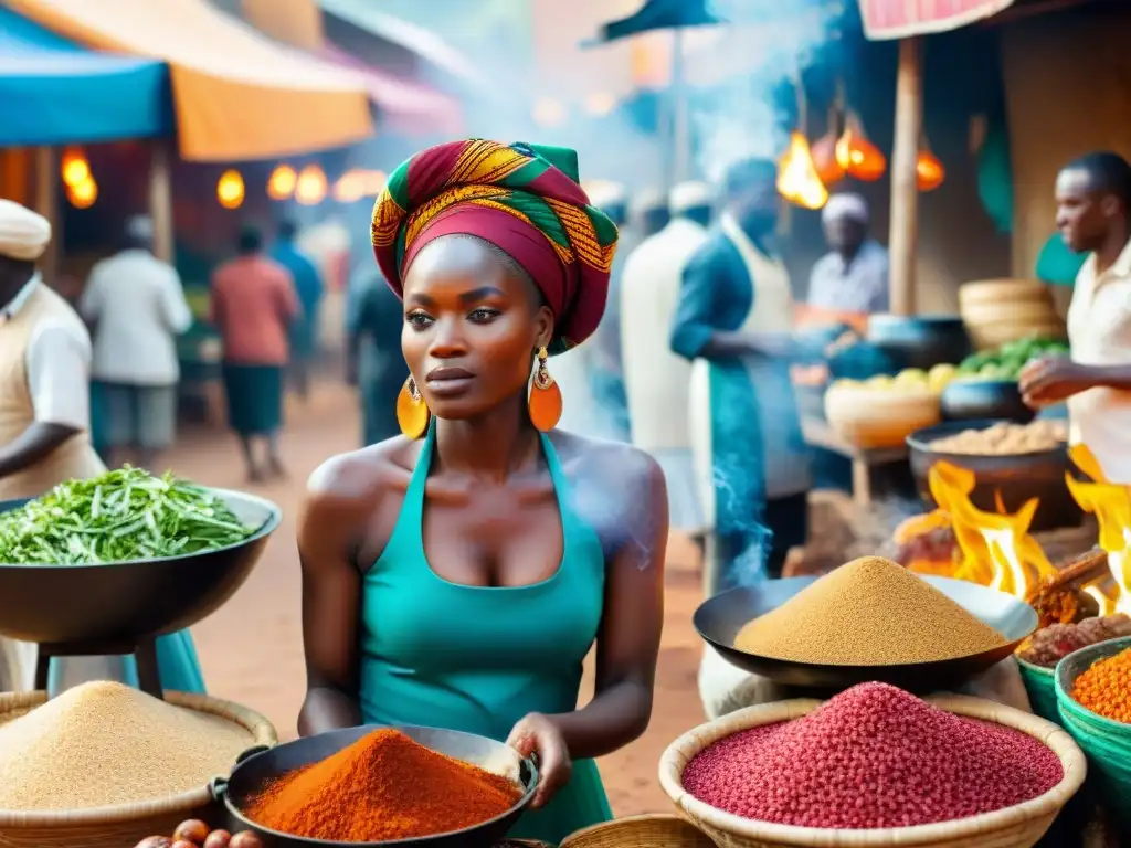 Una vibrante escena de mercado en África con sabores y colores intensos