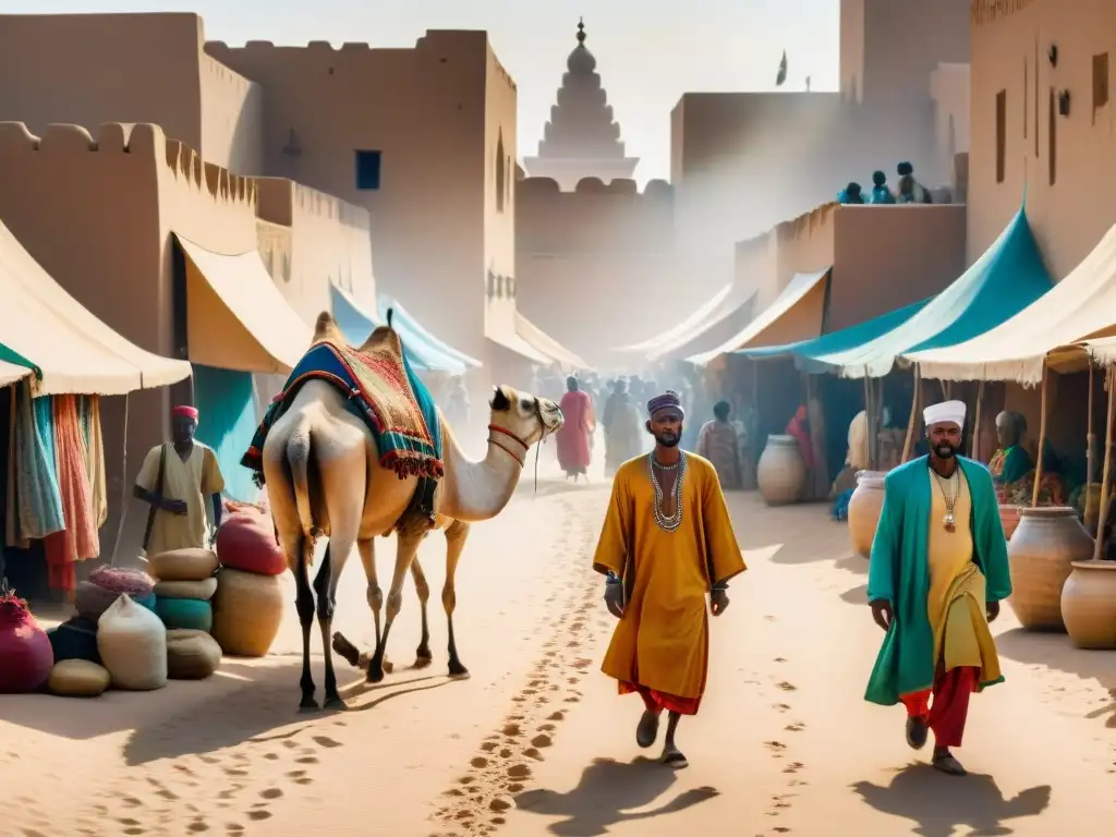 Vibrante escena de mercado en Timbuktu durante el Renacimiento africano, con intercambio cultural y económico