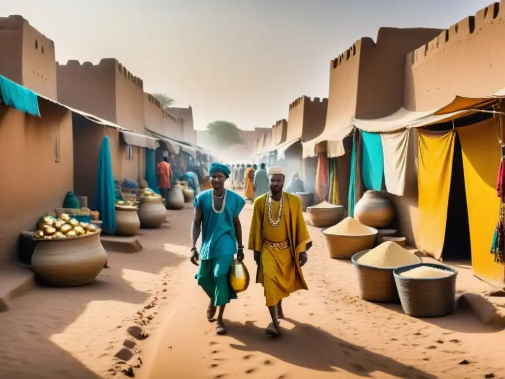 Vibrante escena en los mercados de Timbuktu del Imperio de Mali, reflejando su economía global