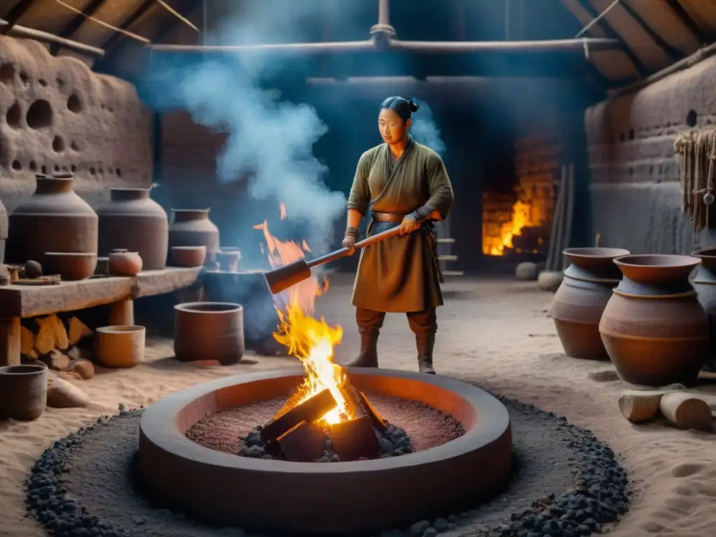 Vibrante escena de metalurgia hierro antiguo en el reino Nok: horno de arcilla rodeado de herramientas y artesanos trabajando con fuego y herramientas