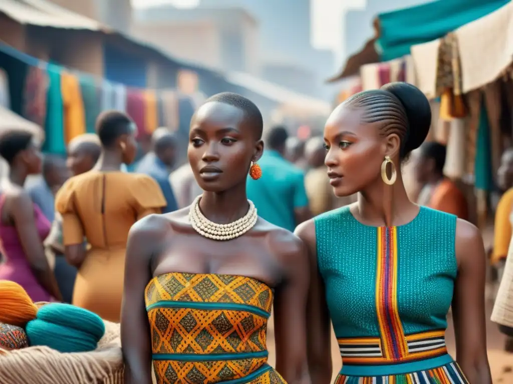 Una vibrante escena de moda y diseño africanos tendencias en un concurrido mercado de una ciudad africana, mezclando lo tradicional con lo moderno