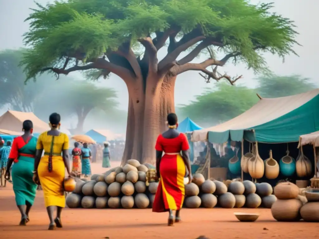 Vibrante escena de mujeres Mossi en el mercado Nakombé durante el festival Dima en Burkina Faso, creando una atmósfera cultural rica