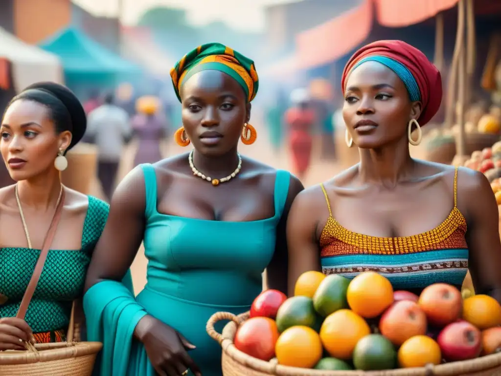 Mujeres africanas en mercado vibrante Vibrante escena de mujeres en redes comerciales africanas, mostrando artesanías y negociando en un bullicioso mercado