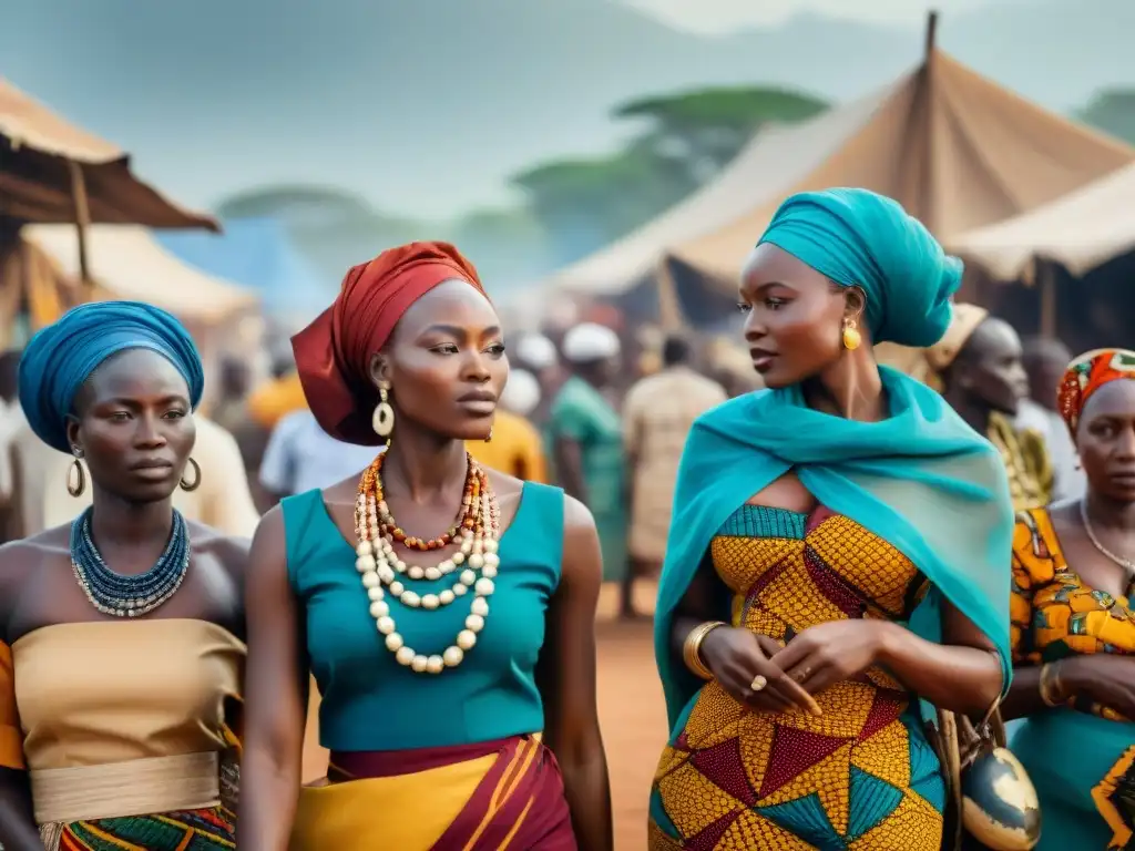 Vibrante escena de mujeres en reinos africanos realizando actividades económicas diversas