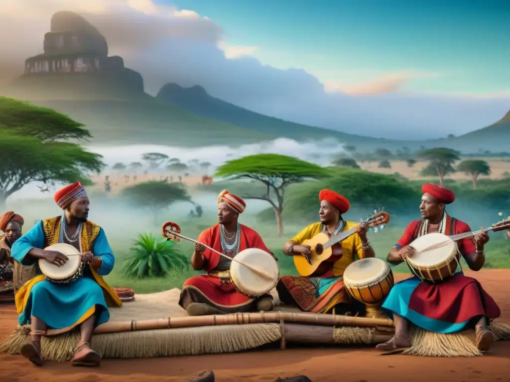 Una vibrante escena de músicos tradicionales en el Cuerno de África, tocando instrumentos indígenas bajo el cielo africano