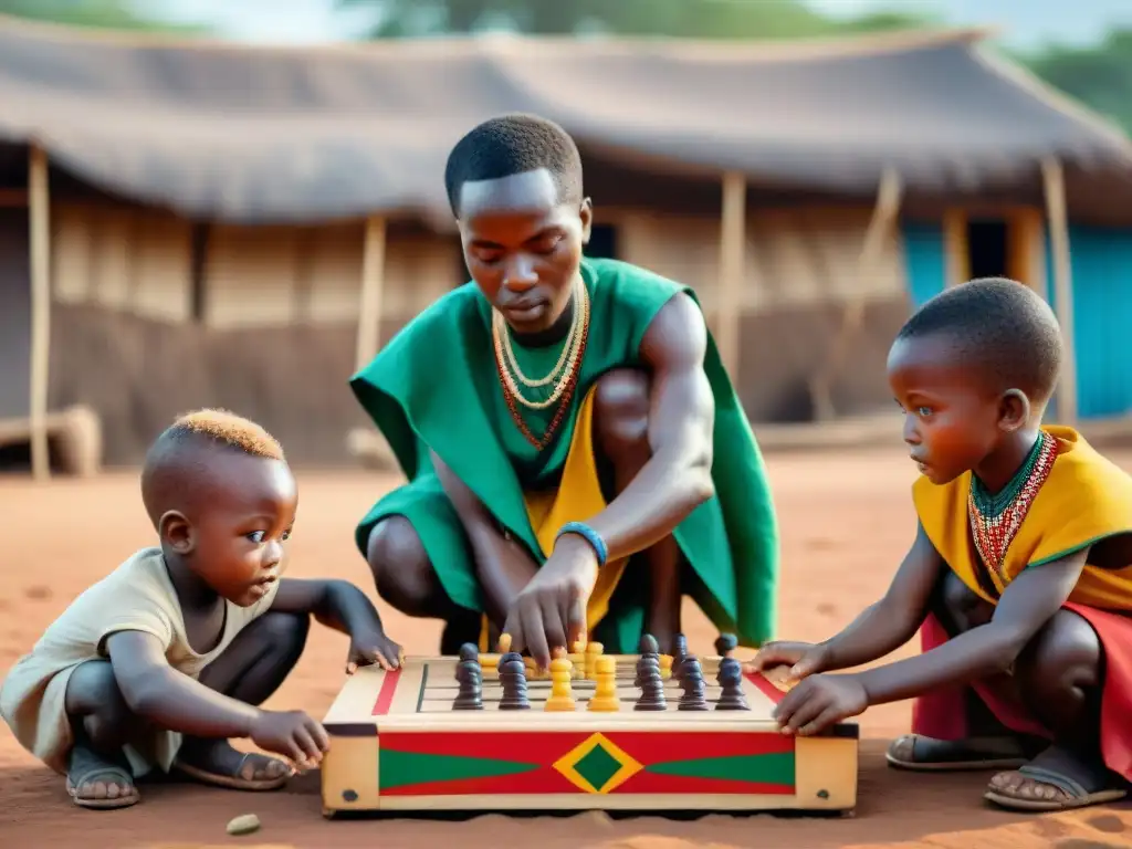 Vibrante escena de niños africanos jugando Ayo en una aldea, destacando los deportes tradicionales en África