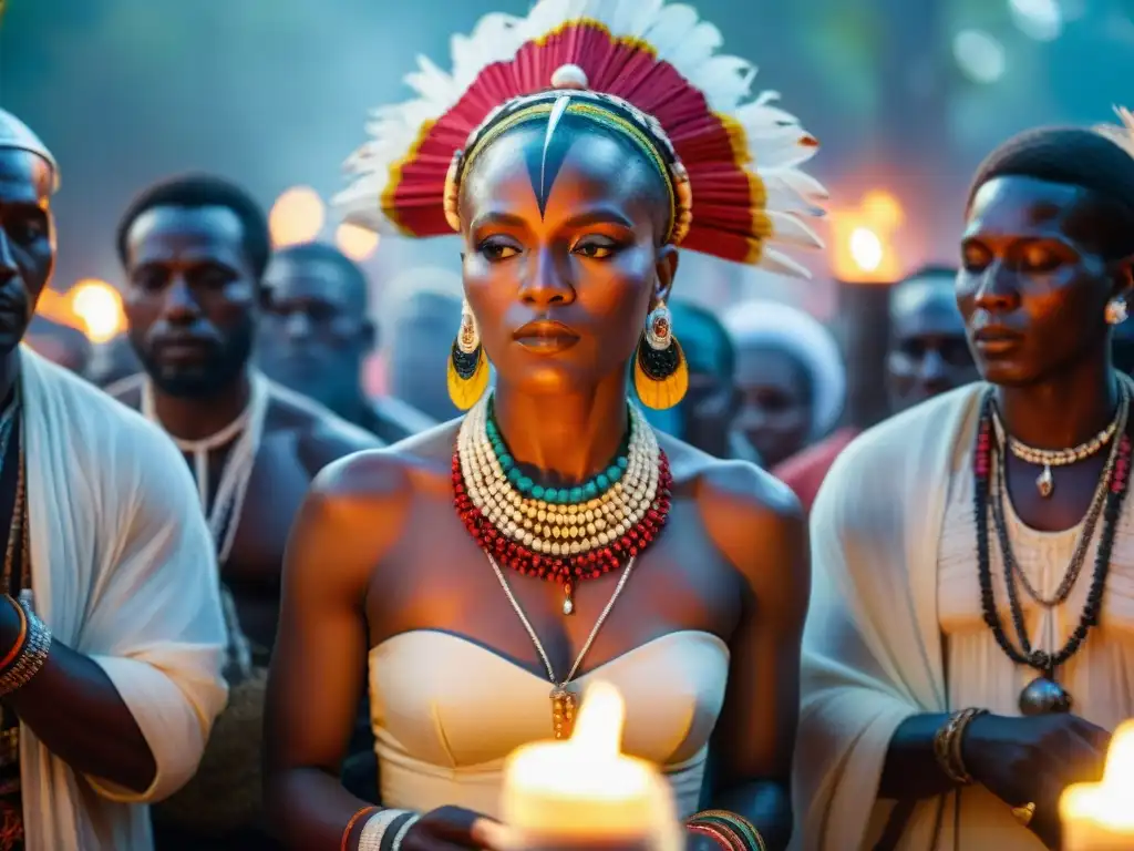 Vibrante escena de prácticas de vudú en África con sacerdotisa danzando frente a un fuego sagrado y velas, rodeada de fieles y banderas ceremoniales