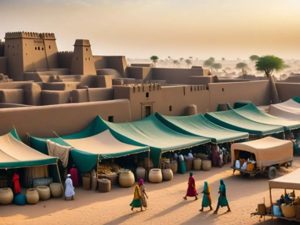 Vibrante escena de Timbuktu en el Imperio de Mali: mercados bulliciosos, arquitectura de barro y comerciantes intercambiando bienes