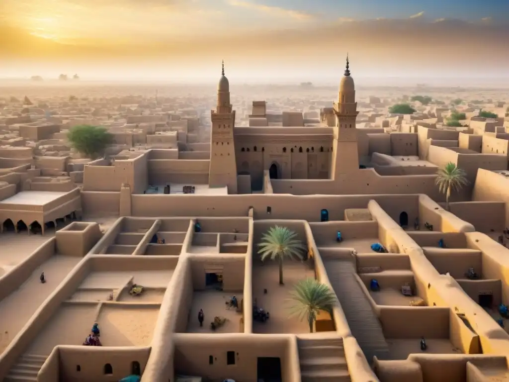 Vibrante escena urbana en el Sahel, ciudades imperiales: Timbuktu, arquitectura de barro, mercado bullicioso y calles polvorientas entre palmeras