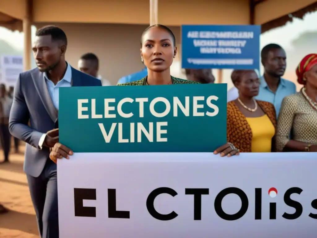 Vibrante escena de votantes africanos en fila en elecciones, con tecnología blockchain integrada para transparencia en procesos electorales