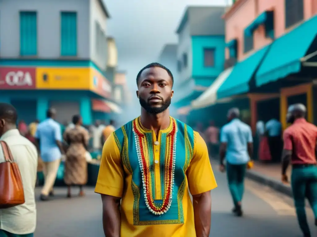 Un vibrante escenario callejero en Lagos, Nigeria, con música africana en vivo y vendedores de CDs, reflejando la influencia de la era del streaming