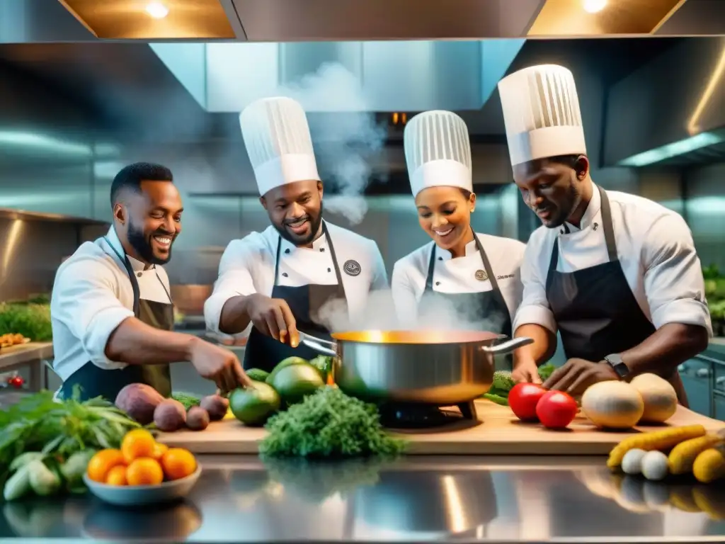 Un vibrante escenario de cocina africana con chefs fusionando recetas históricas y técnicas innovadoras