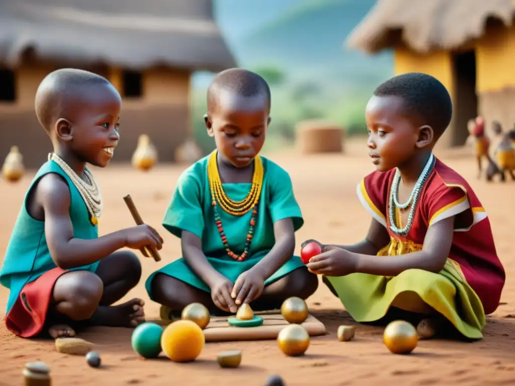 Juegos y juguetes tradicionales africanos: diversión y cultura Un vibrante escenario de niños africanos en juegos tradicionales y con juguetes hechos a mano, resaltando la riqueza cultural de África