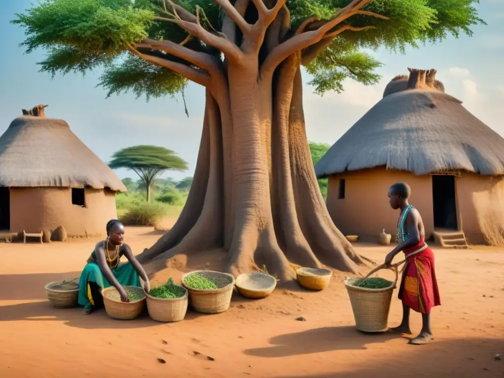 Un vibrante escenario en África precolonial con sanadores tradicionales practicando innovaciones médicas