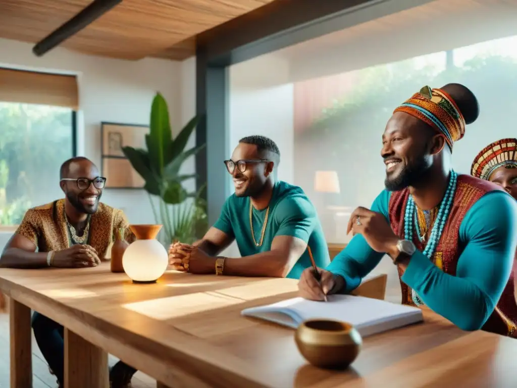 Un vibrante espacio de coworking con emprendedores africanos fusionando tradición y tecnología en proyectos innovadores