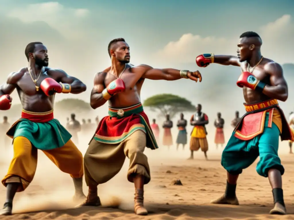 Un vibrante espectáculo de artes marciales africanas tradicionales en un campo polvoriento bajo el sol abrasador