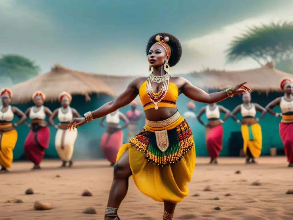 Un vibrante espectáculo de danza narrativa africana en un pueblo iluminado tenue