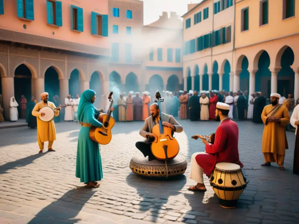 Concierto multicultural en plaza africana: oud, darbuka y kora Un vibrante espectáculo de influencia música africana cultura árabe en una plaza concurrida
