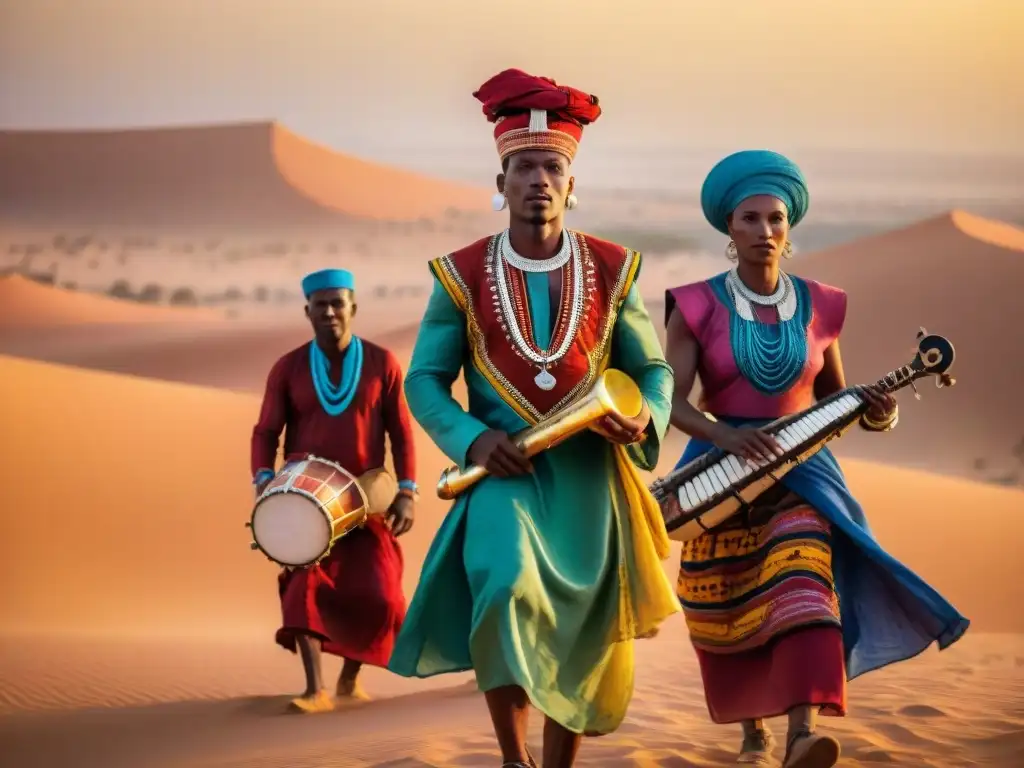 Un vibrante espectáculo de músicos sahelianos en el desierto del Sáhara, demostrando las Expresiones artísticas de los imperios africanos