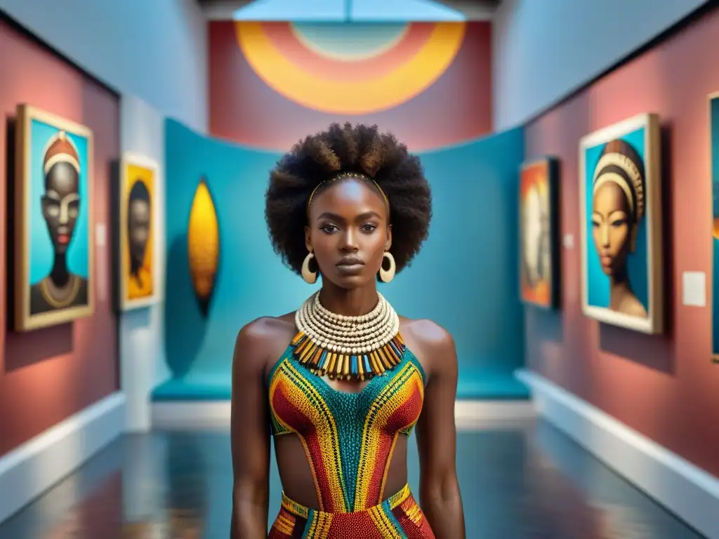 Una vibrante exposición de arte africano en una galería contemporánea, fusionando influencias de civilizaciones africanas en el arte global