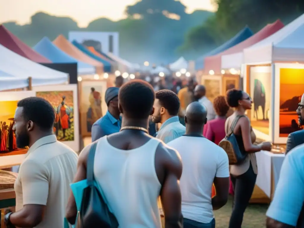 Vibrante feria de arte africano emergente con coloridas obras y visitantes diversos en interacción con los artistas