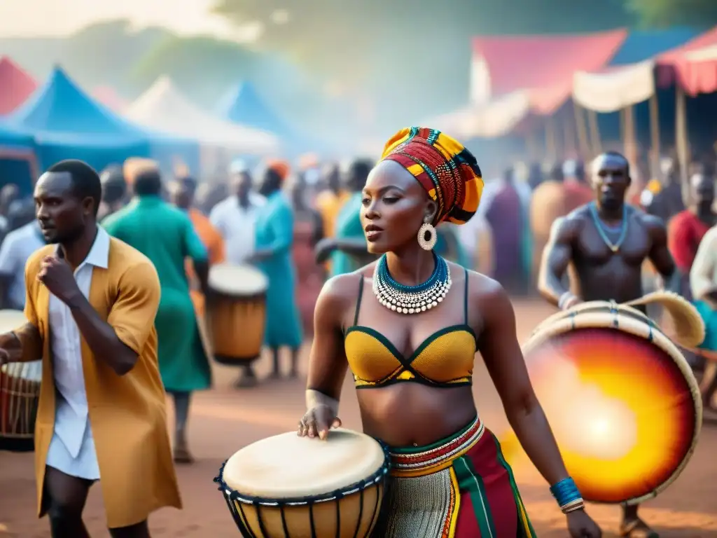 Un vibrante festival africano con mercado colorido, danzas tradicionales y espectadores de todas las edades al atardecer