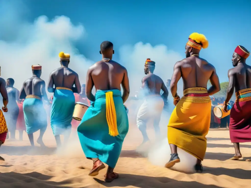 Vibrante festival africano tradicional, danzas coloridas y significado cultural en comunidad unida bajo cielo azul