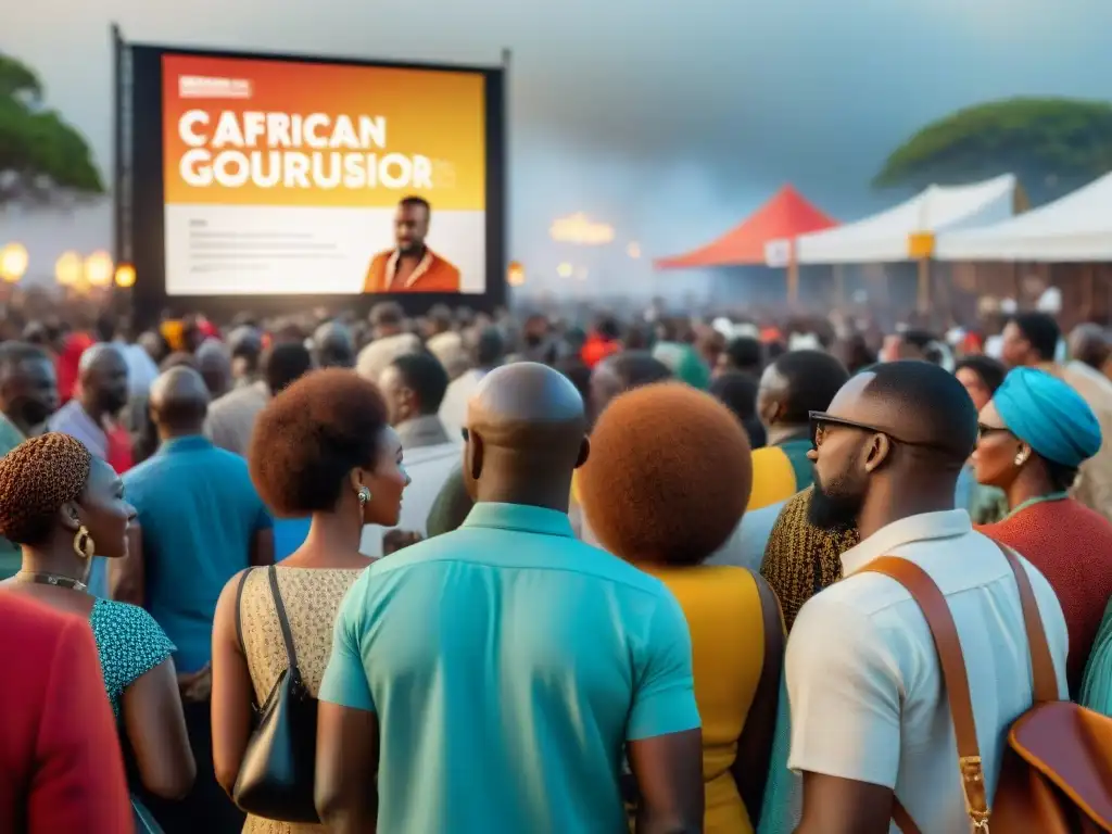 Un vibrante festival de cine africano con asistentes diversos y animados, disfrutando de proyecciones enriquecedoras