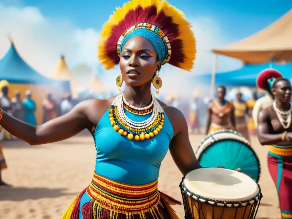 Un vibrante festival cultural africano con danzas tradicionales coloridas, público diverso y un cielo azul brillante