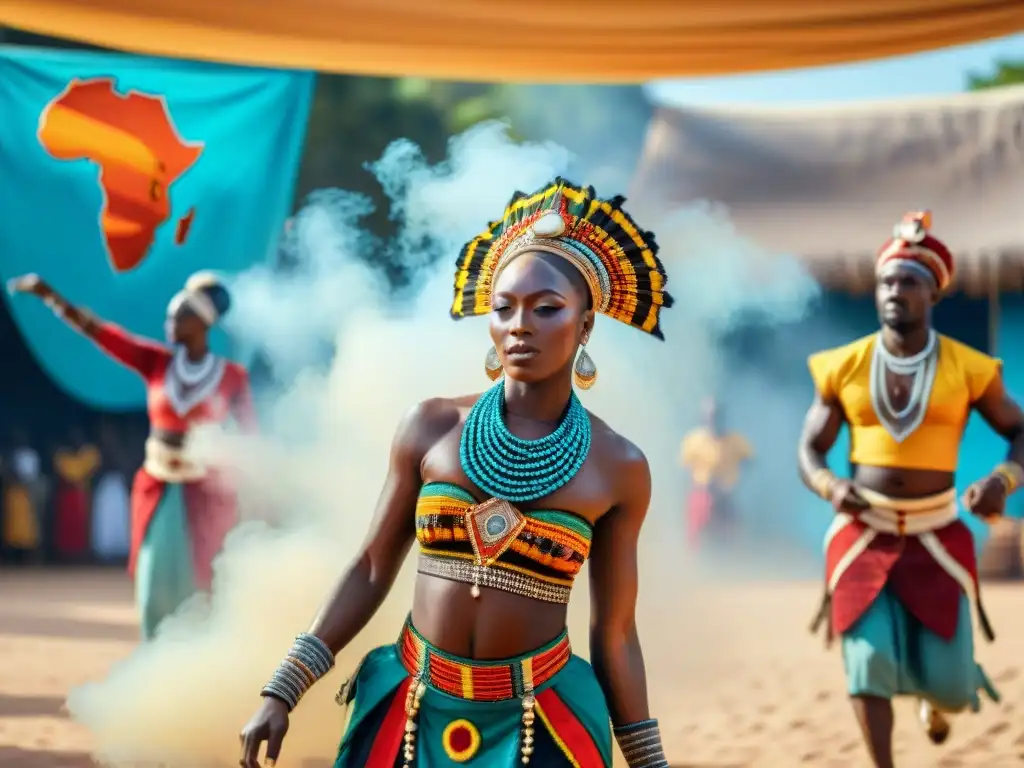 Un vibrante festival cultural en África, con bailarines tradicionales llenos de color y detalles