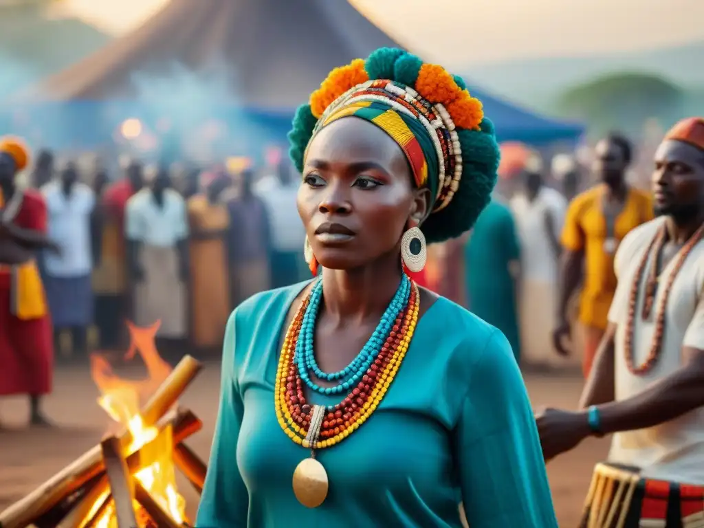 Un vibrante festival espiritual africano al anochecer: personas danzando y cantando alrededor de una gran hoguera, mostrando devoción y celebración