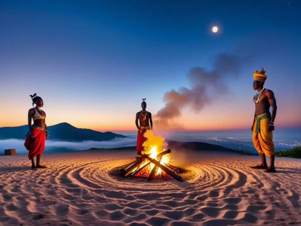 Celebración vibrante en un festival de luna llena en África con bailes alrededor de una fogata bajo la luna llena y atuendos tradicionales coloridos