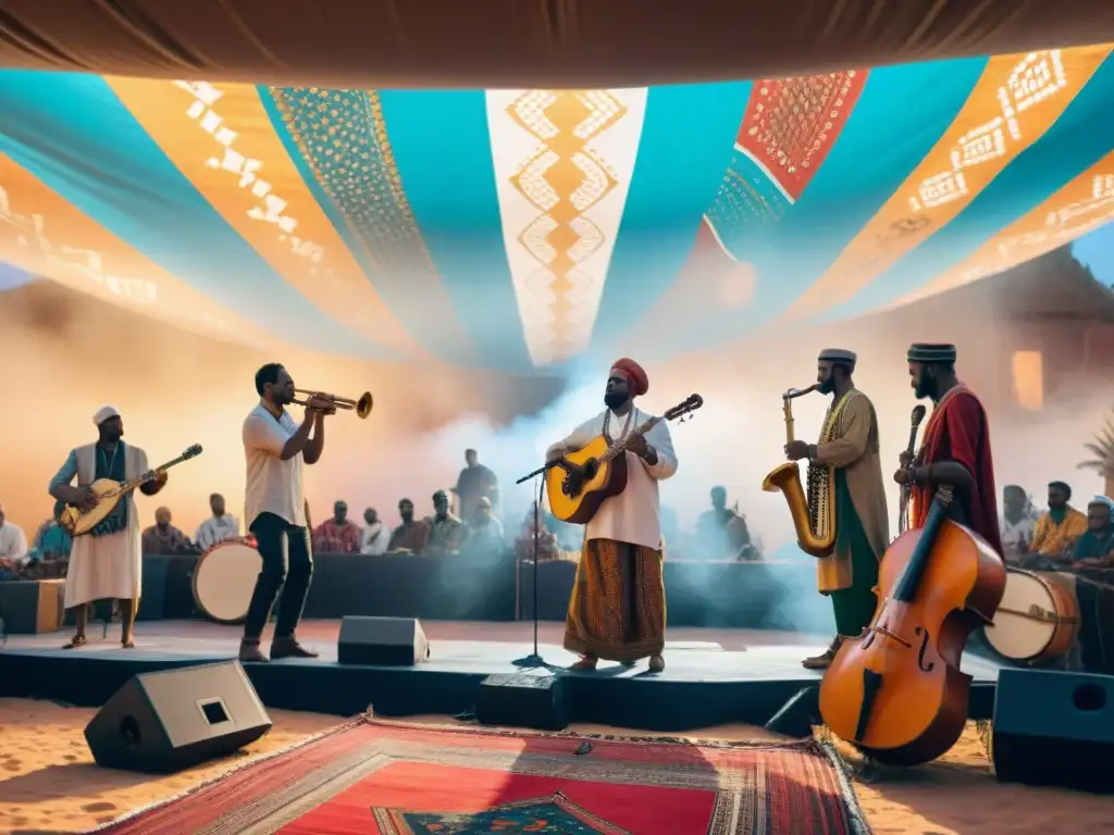 Escena vibrante de festival de música en África del Norte Un vibrante festival de música en África del Norte con músicos yendo influencias de música africana y cultura árabe bajo un cielo estrellado