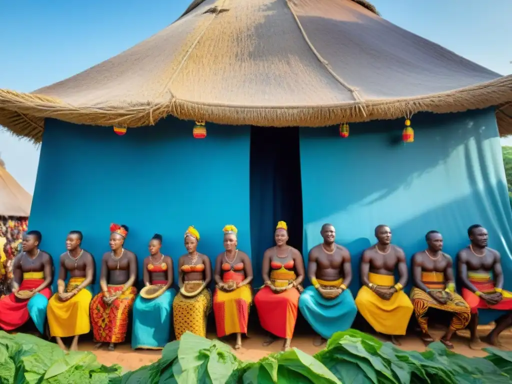 Un vibrante festival en un pueblo africano con estructuras tradicionales de materiales naturales como paja, madera y barro