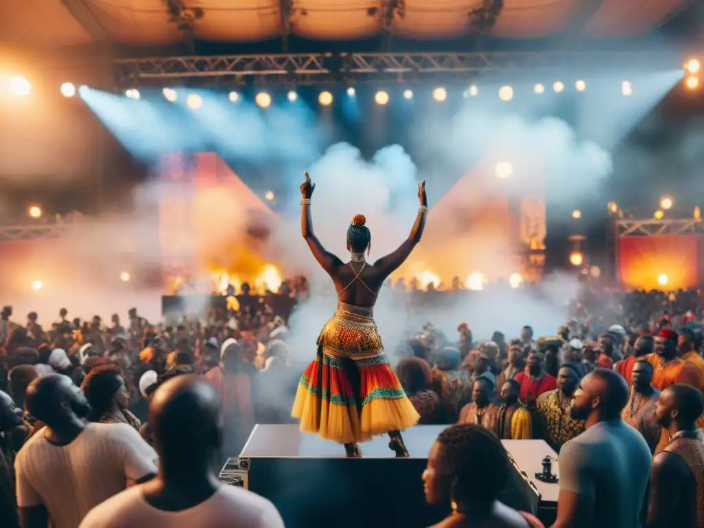 Una vibrante fiesta de música africana con influencia global, uniendo culturas en celebración bajo el sol poniente