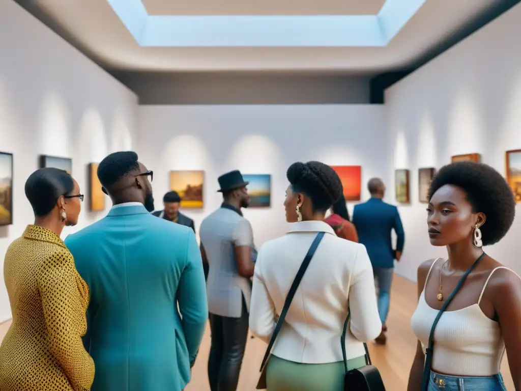 Una vibrante galería de arte con influencia diáspora africana, donde diversas obras cautivan a un público multicultural