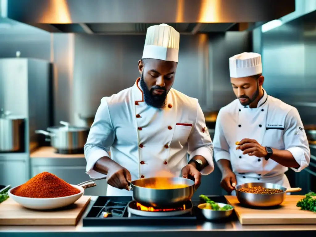 Un vibrante grupo de chefs preparando sabores ancestrales en una cocina africana contemporánea