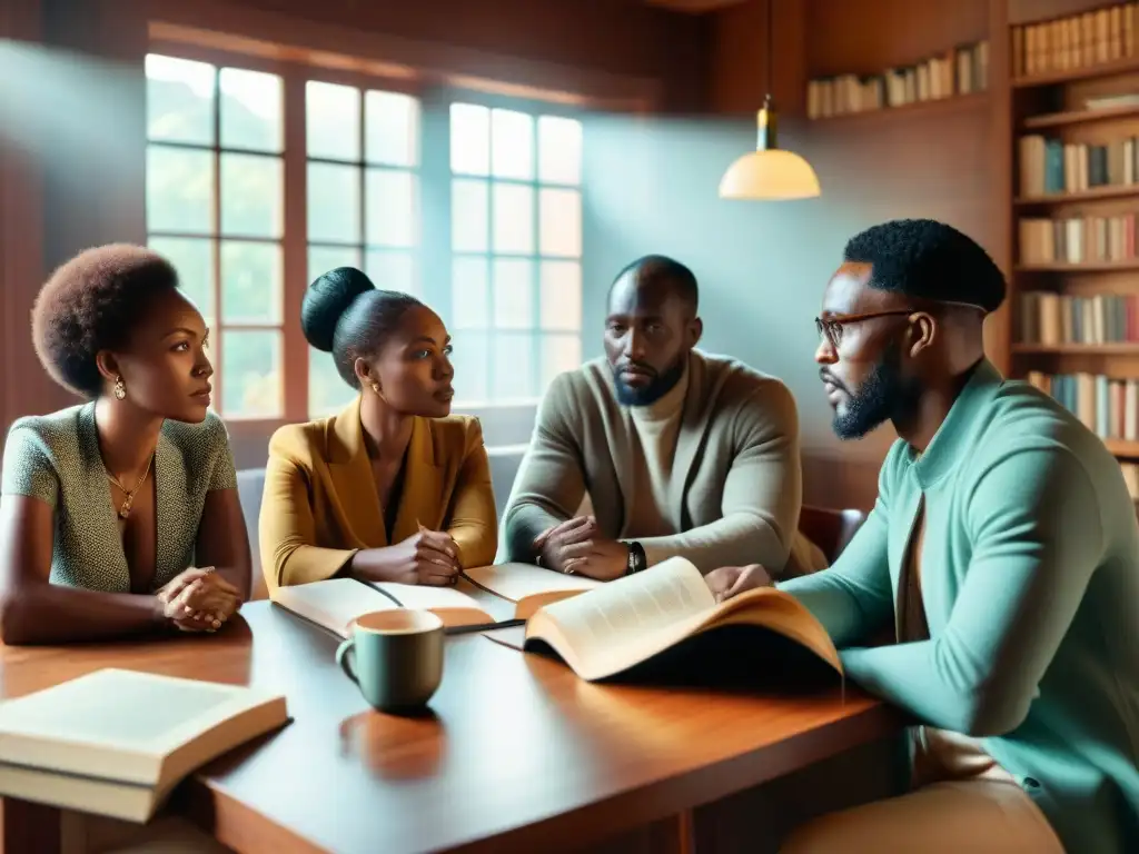 Vibrante grupo de escritores africanos modernos en animada discusión, rodeados de libros y café, reflejando la riqueza cultural