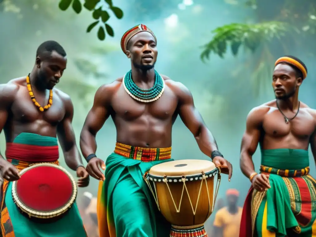 Un vibrante grupo de músicos y bailarines africanos en trajes tradicionales, rodeados de exuberante vegetación y tela africana colorida