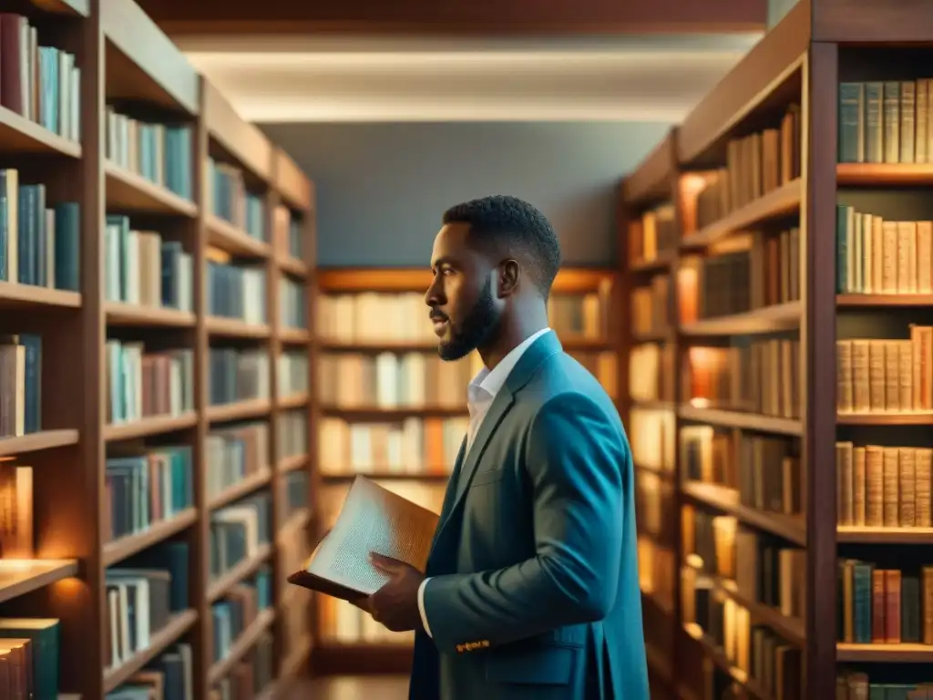 Un vibrante intercambio cultural en una biblioteca iluminada tenue, donde la diáspora africana preserva lenguajes perdidos