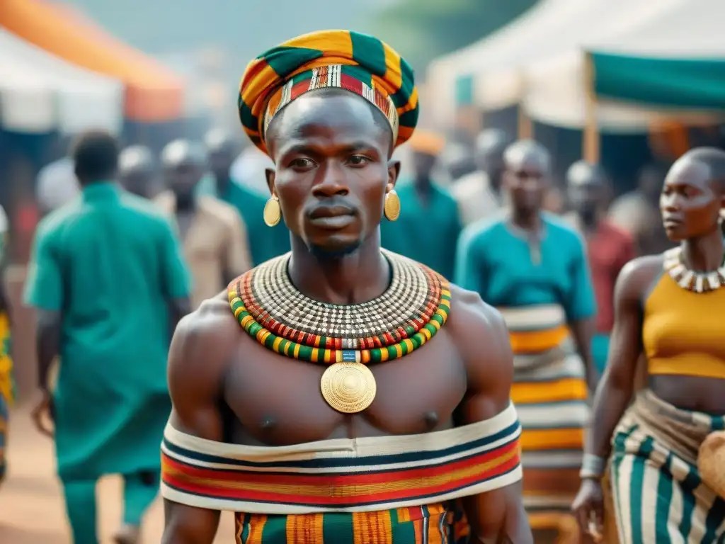 Vibrante tela Kente tejida a mano en mercado africano, reflejando el comercio textil en civilizaciones africanas