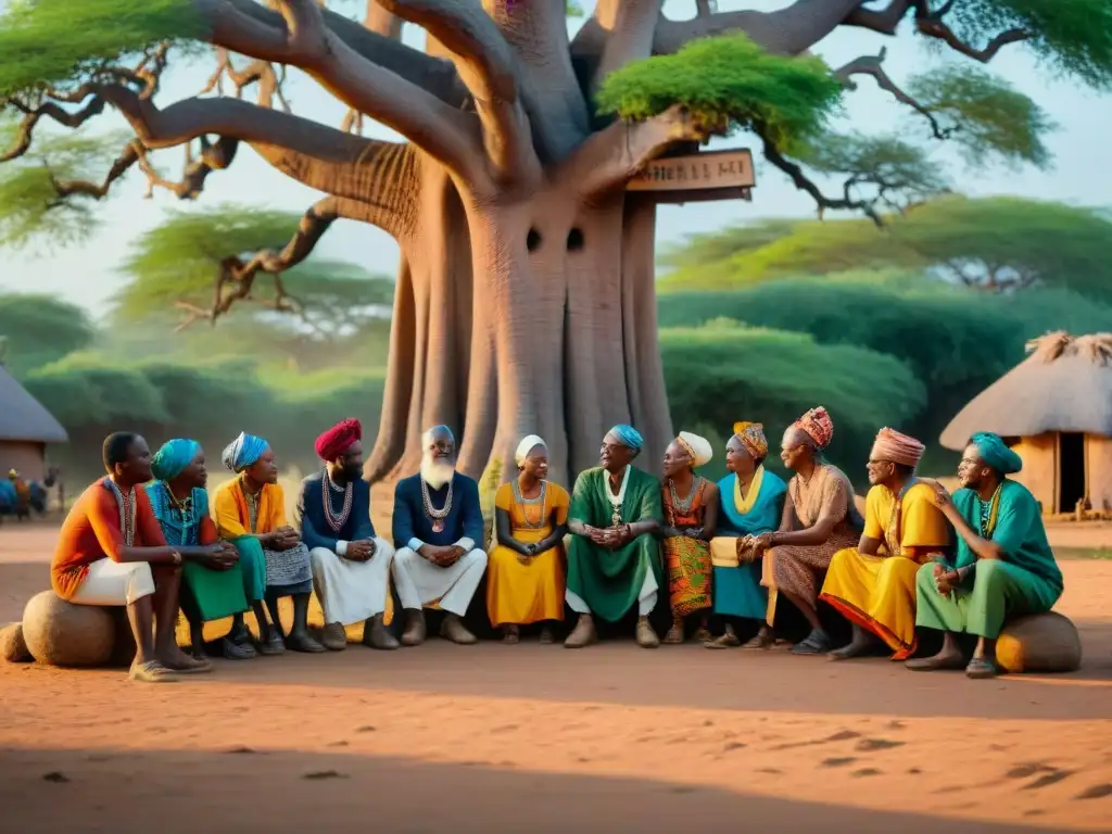 Conversación viva: Activistas preservando lenguas africanas bajo el baobab Vibrante discusión sobre preservación lenguas africanas minoritarias bajo baobab en aldea africana