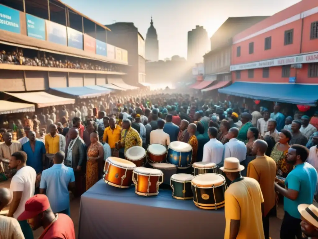 Un vibrante mercado de música africana con músicos, instrumentos tradicionales y multitud diversa bajo la puesta de sol