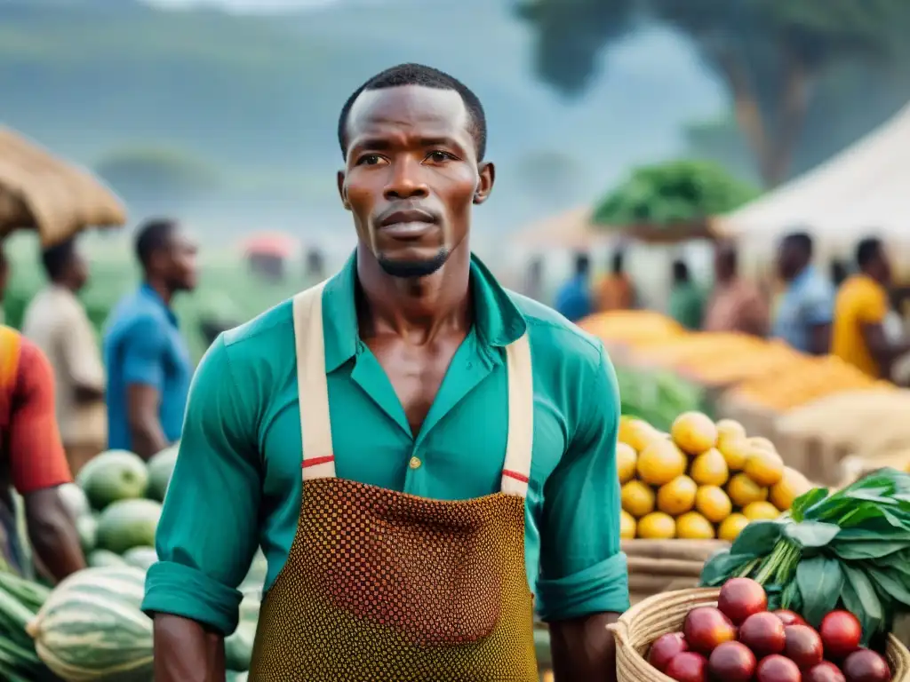 Un vibrante mercado africano con agricultores intercambiando productos frescos, destacando las oportunidades en la cadena de valor agrícola