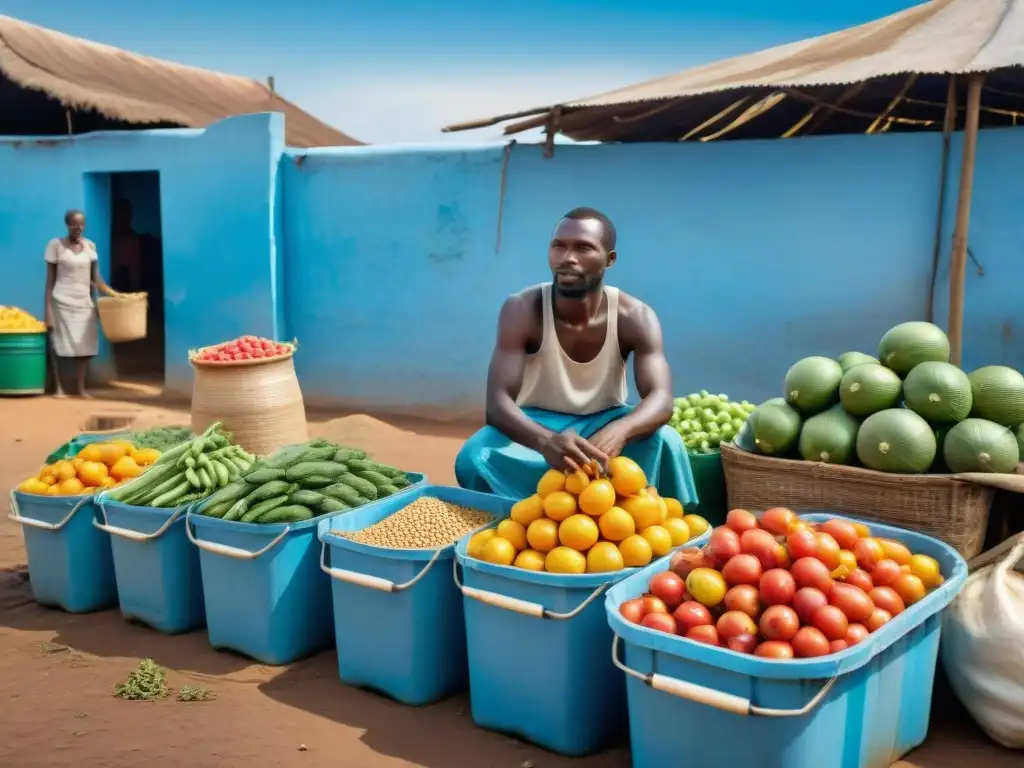 Vibrante mercado africano donde se invierte en agua, frutas y verduras coloridas